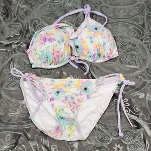 Victorias Secret White Pastel Floral Bikini Set Halter Size 32dd Top S Bottom